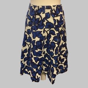 PREMISE BLUE & WHITE ASYMMETRICAL A-LINE MIDI SKIRT WITH LEAF DESIGN/ Size 8